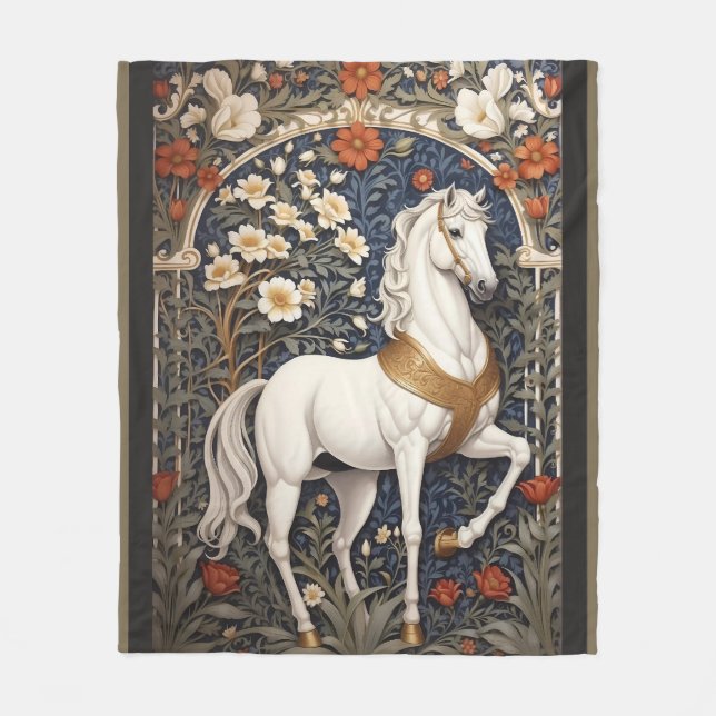 Elegant William Morris Inspired White Horse Fleece Blanket (Front)