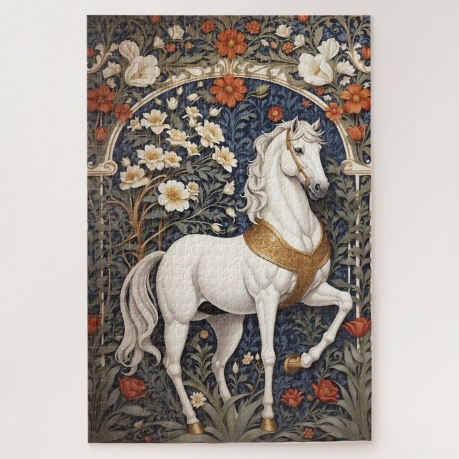 Elegant William Morris Inspired White Horse Jigsaw Puzzle (Vertical)