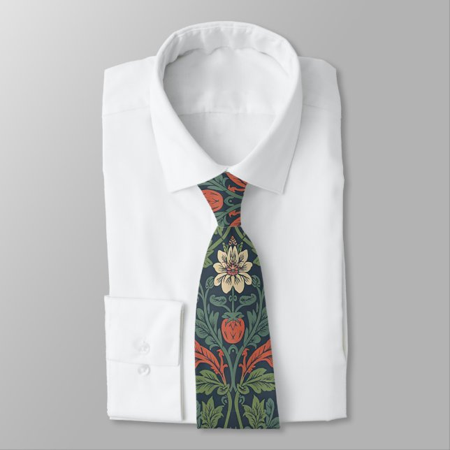 Elegant William Morris Strawberry Floral Pattern Tie (Tied)