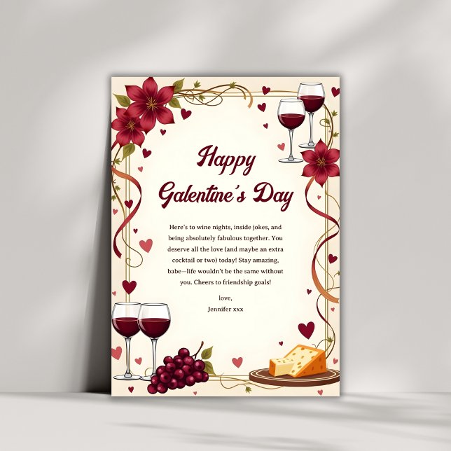 Elegant Wine & Cheese Best Friends Galentine’s Day Holiday Card (Elegant Wine & Cheese Best Friends Galentine’s Day Holiday Card)