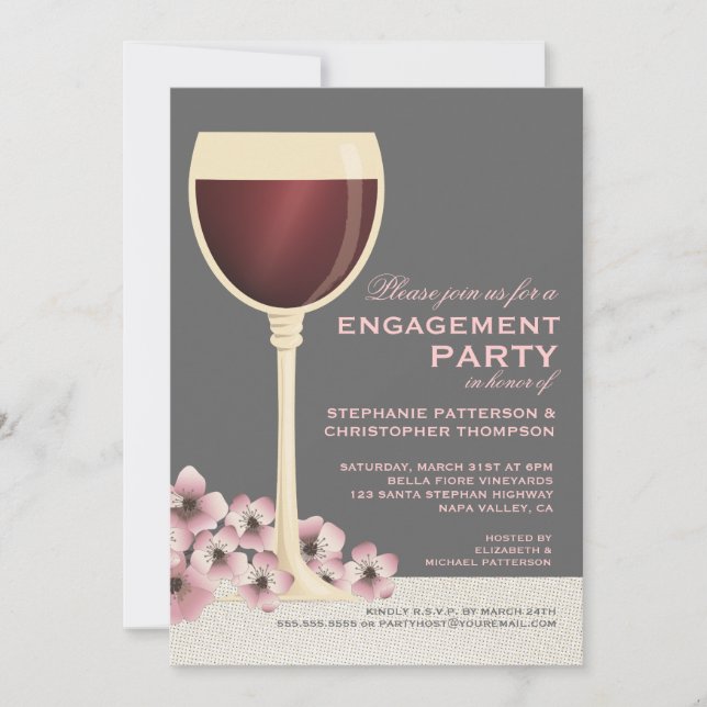 Elegant Wine & Floral Wedding Engagement Party Invitation (Front)
