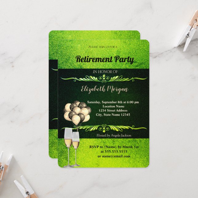 Elegant Wine Glass ,Balloons,Green Retirement  Invitation (Front/Back In Situ)