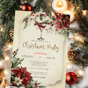 Elegant Wine Glass Lights Poinsettia Christmas  Invitation