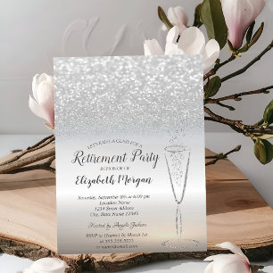 Elegant Wine Glass Silver Glitter Bokeh Retirement Invitation