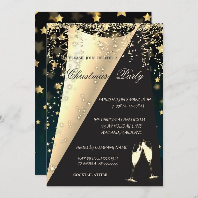 Elegant Wine Glass, Stars Company Christmas Party Invitation (Front/Back)