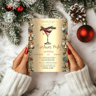 Elegant Wine Pinecones Bells Poinsettia Christmas  Invitation