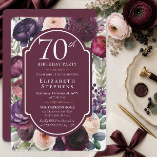 Elegant Wine Ranunculus Floral 70th Birthday Party Invitation