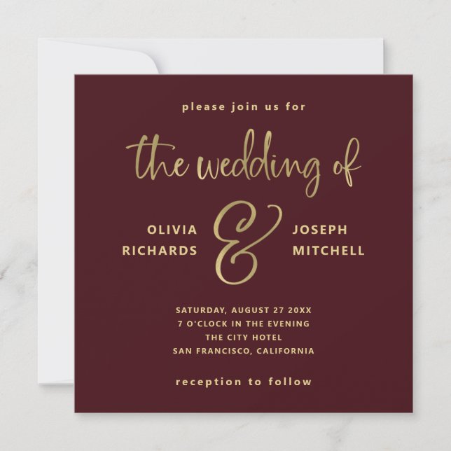 Elegant Wine Red and Faux Gold Wedding Invitation (Front)