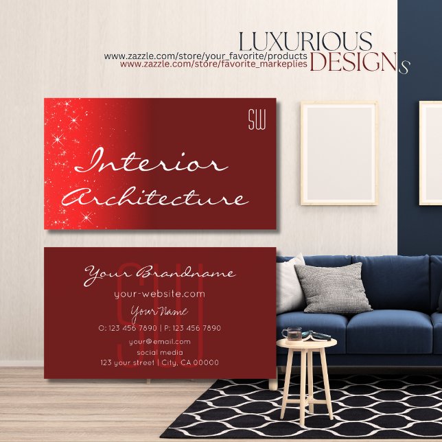 Elegant Wine Red Chic Glitter Stars with Initials Business Card (Creator Uploaded)