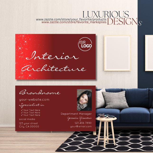 Elegant Wine Red Glitter Stars with Logo and Photo Business Card (Creator Uploaded)