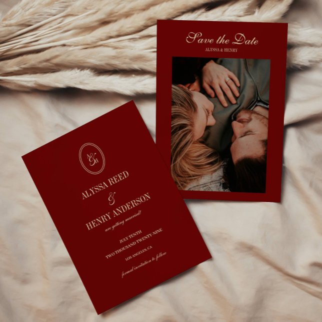Elegant Wine Red Monogram Script Wedding Photo Save The Date (Creator Uploaded)