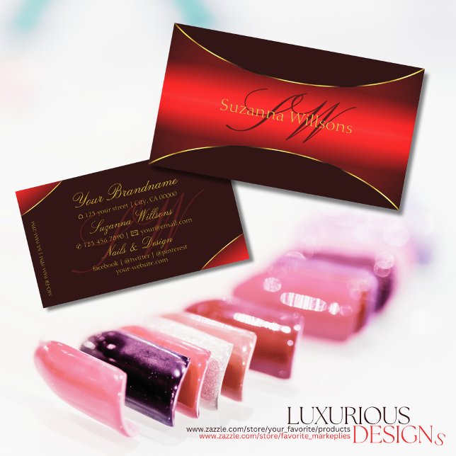Elegant Wine Red Shimmery Gold Border and Monogram Business Card (Creator Uploaded)