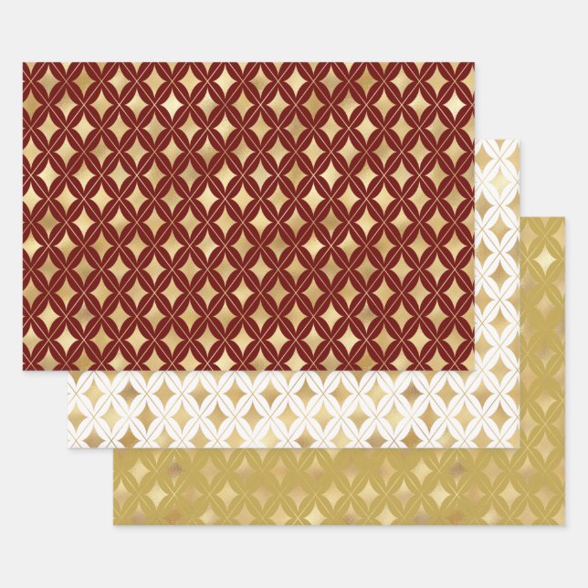 Elegant Wine, White & Gold Carnival Harlequin  Wrapping Paper Sheet (Set)