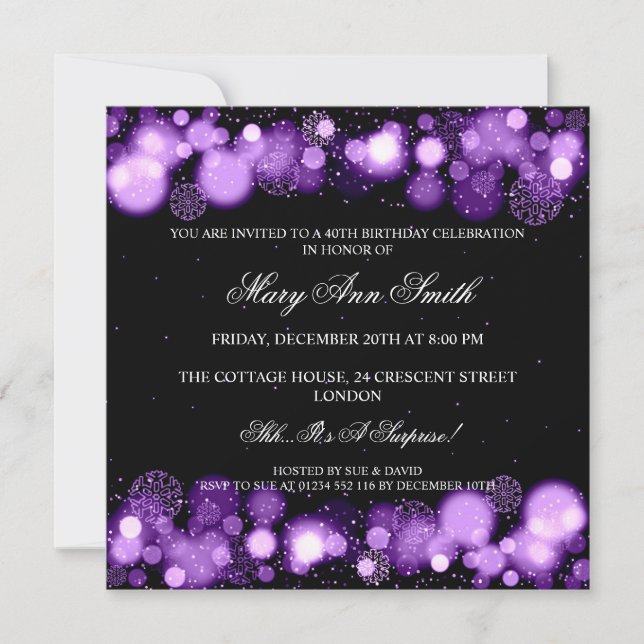 Elegant Winter 40th Birthday Party Purple Invitation (Front)