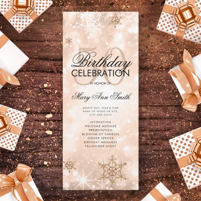 Elegant Winter 50 Birthday Program Rose Gold Menu (Creator Uploaded)