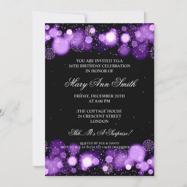 Elegant Winter 50th Birthday Party Purple Invitation (Front)