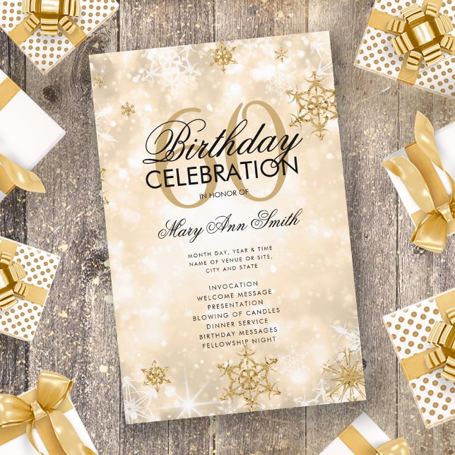 Elegant Winter 60th Birthday Program Gold w/ Menu (Creator Uploaded)