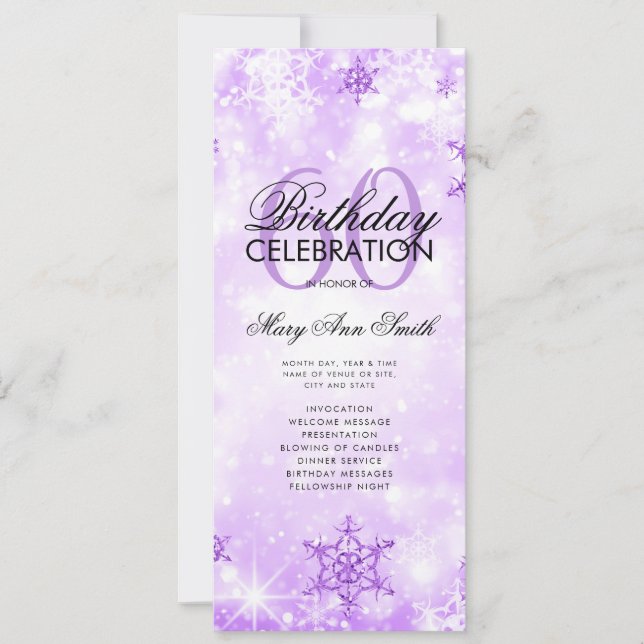 Elegant Winter 60th Birthday Program Purple Menu (Front)