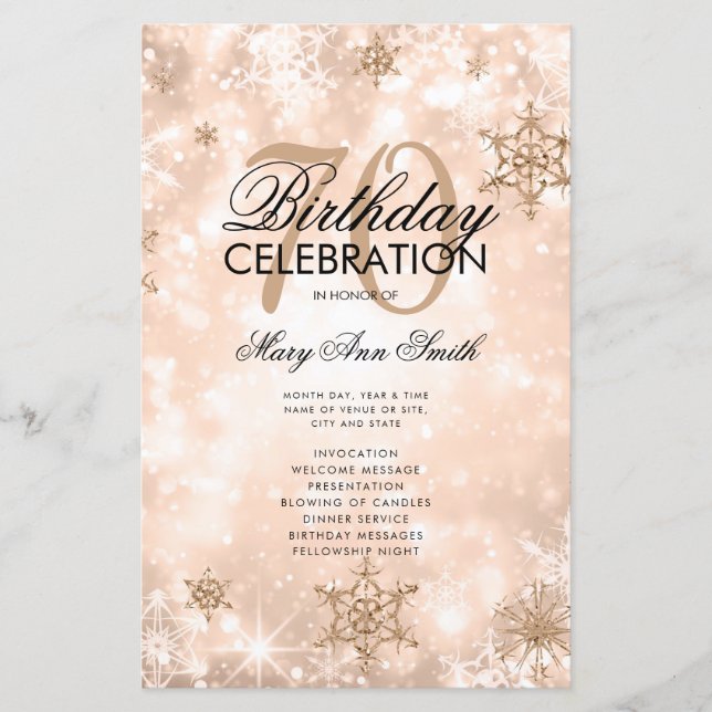 Elegant Winter 70 Birthday Program  Rose Gold Menu (Front)