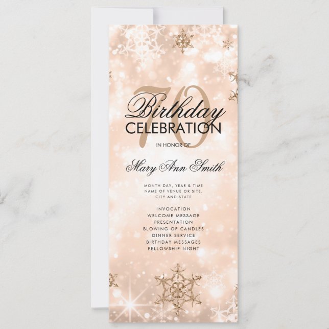 Elegant Winter 70 Birthday Program Rose Gold Menu (Front)