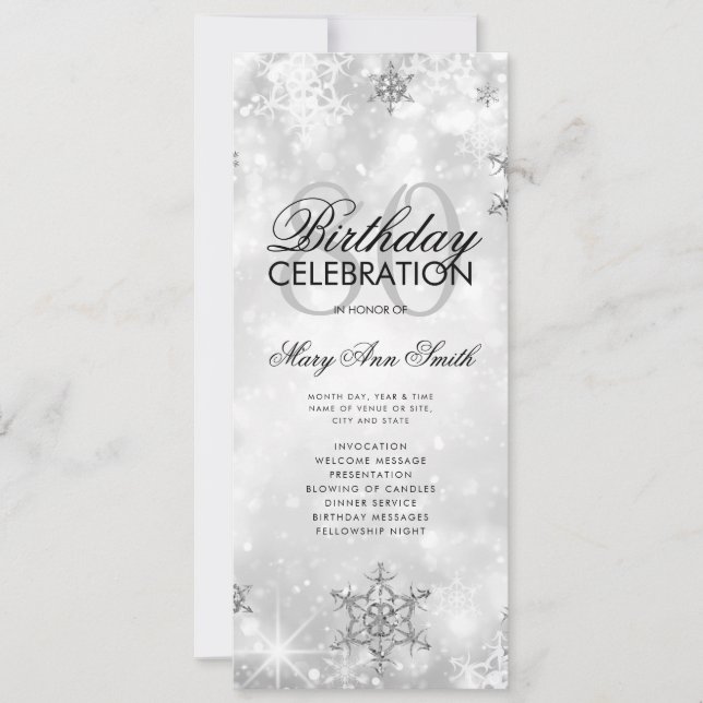 Elegant Winter 80th Birthday Program Silver Menu (Front)
