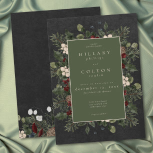 Elegant Winter Berries & Pine Black Wedding Invitation