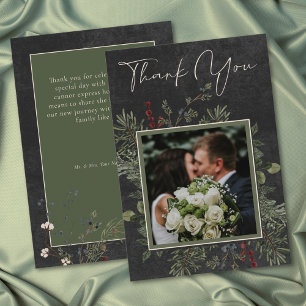 Elegant Winter Berries & Pine Black Wedding Thank You Card