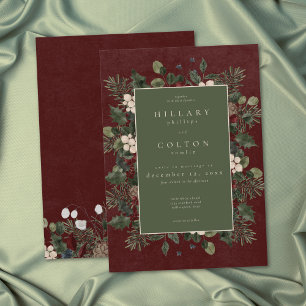Elegant Winter Berries & Pine Burgundy Wedding Invitation