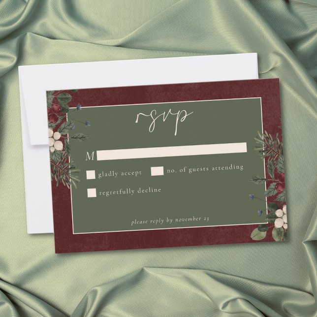 Elegant Winter Berries & Pine Burgundy Wedding RSVP Card (Elegant Winter Berries & Pine Burgundy Wedding RSVP Card)