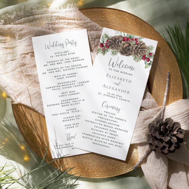 Elegant Winter Berries Pine Cone Christmas Wedding Program (Creator Uploaded)