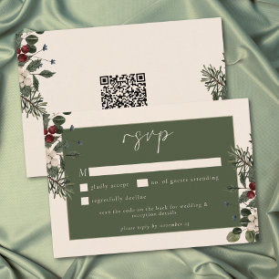 Elegant Winter Berries & Pine Ivory Wedding QR RSVP Card