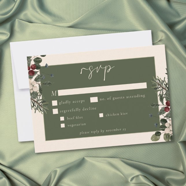 Elegant Winter Berries & Pine Ivory Wedding RSVP Card (Elegant Winter Berries & Pine Ivory Wedding RSVP Card)