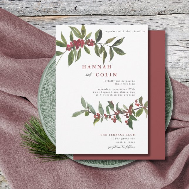 Elegant Winter Berries Red Green Watercolor Invitation (Creator Uploaded)