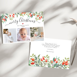 Elegant Winter Berries Three Photo Christmas Holiday Card