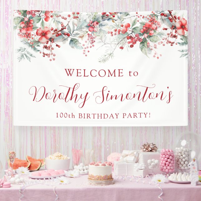 Elegant Winter Berry Botanical 100th Birthday Banner (Party)