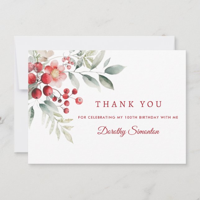 Elegant Winter Berry Botanical 100th Birthday Flat Thank You Card (Front)
