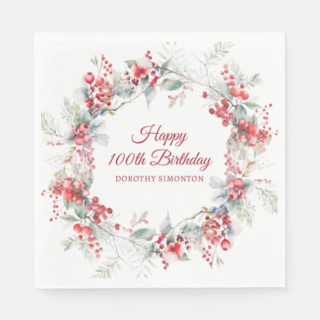 Elegant Winter Berry Botanical 100th Birthday  Napkin (Front)