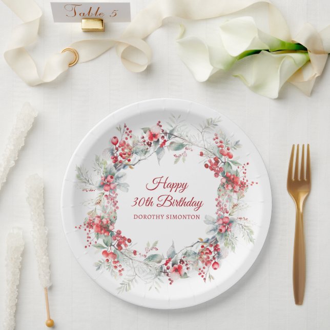 Elegant Winter Berry Botanical 30th Birthday Paper Plate (Wedding)