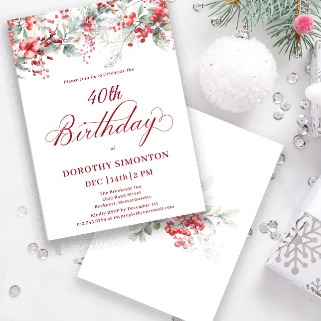 Elegant Winter Berry Botanical 40th Birthday Invitation (Creator Uploaded)