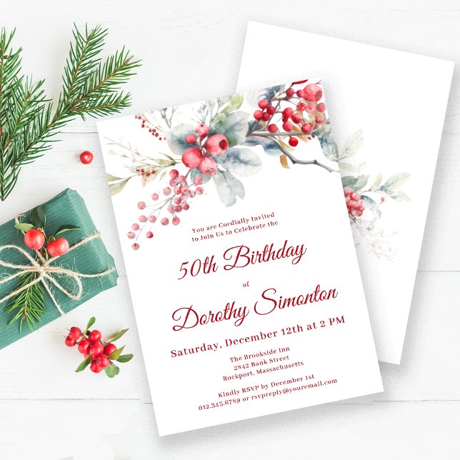 Elegant Winter Berry Botanical 50th Birthday Invitation (Creator Uploaded)