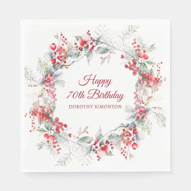 Elegant Winter Berry Botanical 70th Birthday Napkin (Front)