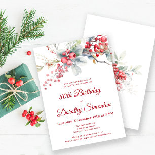 Elegant Winter Berry Botanical 80th Birthday Invitation