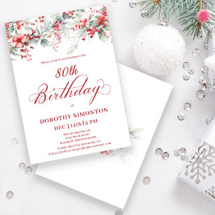 Elegant Winter Berry Botanical 80th Birthday Invitation