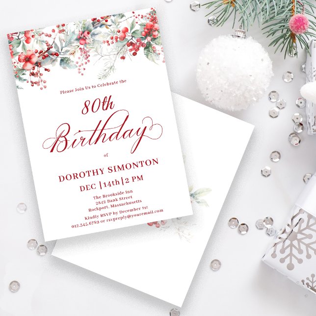 Elegant Winter Berry Botanical 80th Birthday Invitation (Creator Uploaded)