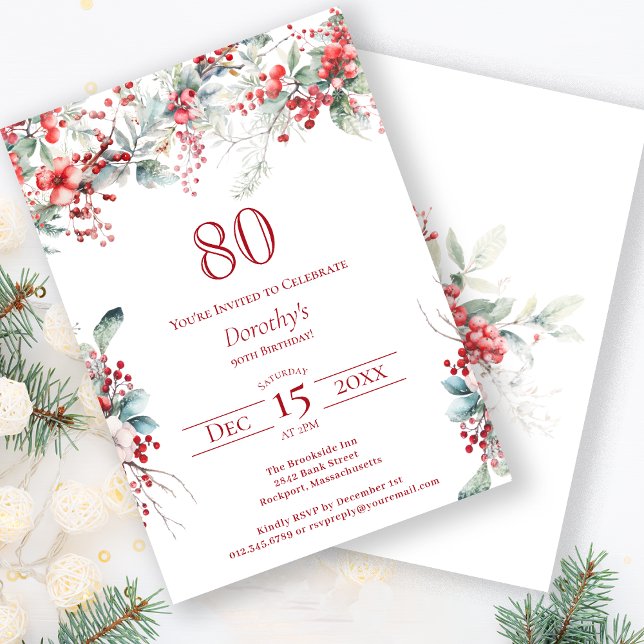 Elegant Winter Berry Botanical 80th Birthday Invitation (Creator Uploaded)