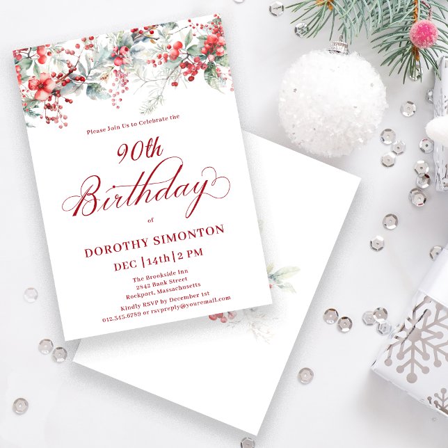 Elegant Winter Berry Botanical 90th Birthday Invitation (Creator Uploaded)