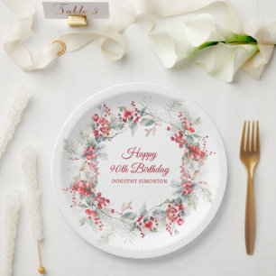 Elegant Winter Berry Botanical 90th Birthday Paper Plate