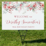 Elegant Winter Berry Botanical 90th Birthday Yard Garden Sign<br><div class="desc">Welcome guests to your 90th birthday party with this elegant winter floral welcome yard sign. A pretty arrangement of deep red berries, flowers and soft sage green leaves decorate the sign. The birthday celebrant's name is written in a large trending script font. The remainder of the text is a classic...</div>