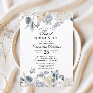 Elegant Winter Blue And White Flowers Invitation