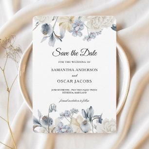 Elegant Winter Blue And White Flowers Save The Date